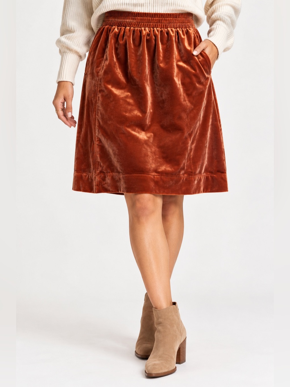 TULIP B | Rust Velvet A-Line Skirt with Pockets
